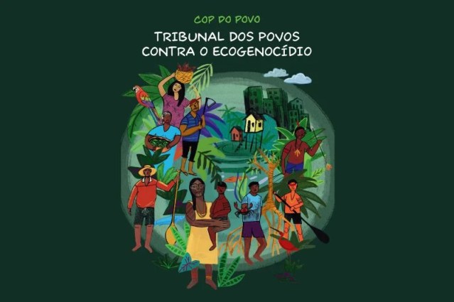 Arte oficial do Tribunal dos Povos contra o Ecogenocídio, evento da COP do Povo realizado no Ministério Público Federal de Belém durante a COP30, com ilustração de povos da floresta, fauna amazônica e contraste entre floresta e destruição.
